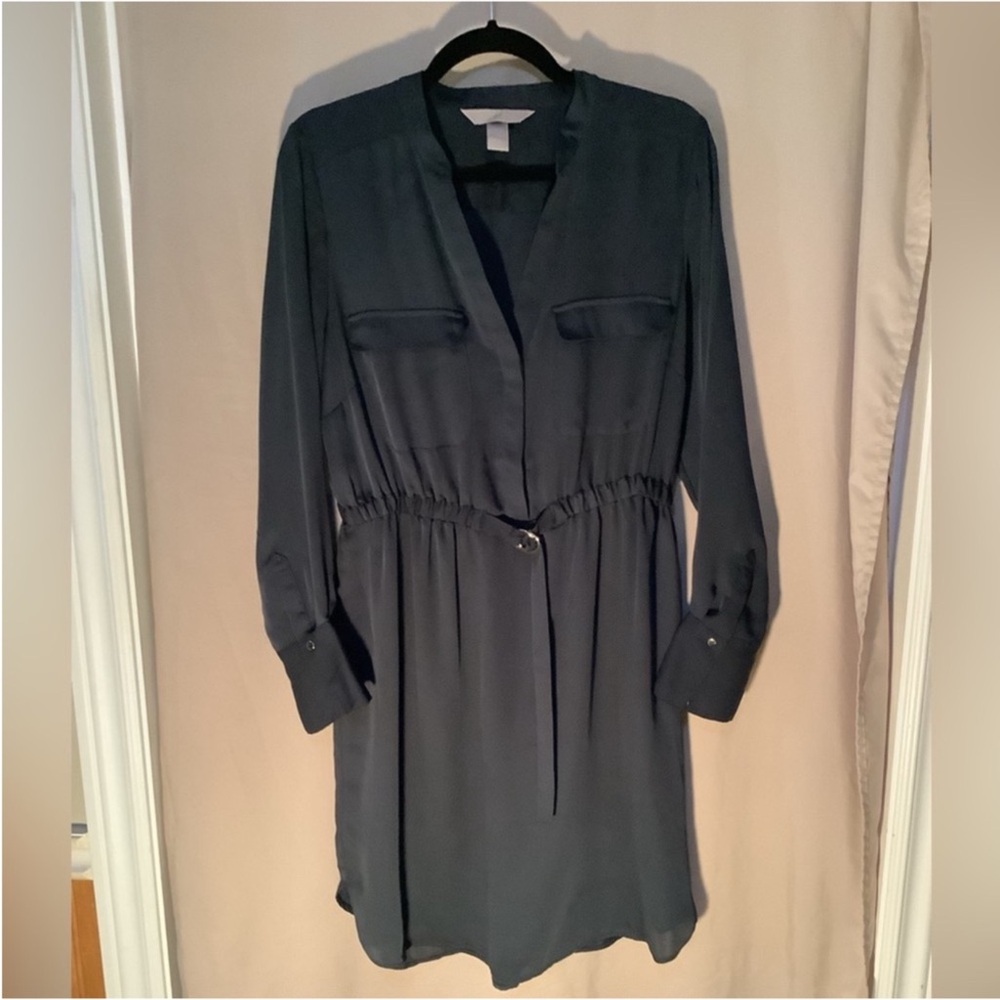 H&M navy shirt dress with long sleeves and built in belt